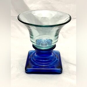 Vidrios San Miguel Recycled Glass Cobalt Blue Pedestal Candle Holder Spain, EUC